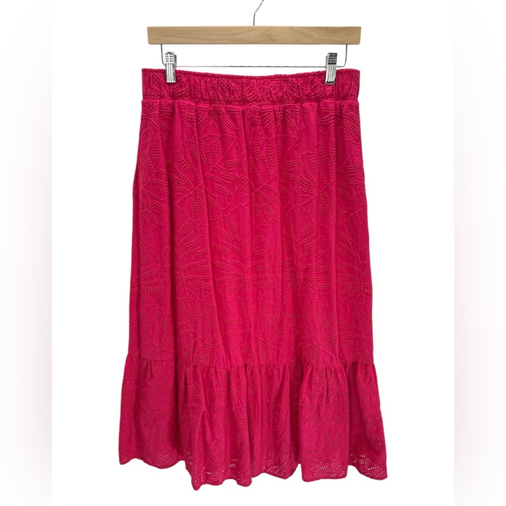 Eyelet Midi Skirt Pink Cotton Ruffle Hem Cottage Coquette Prairie Summer S